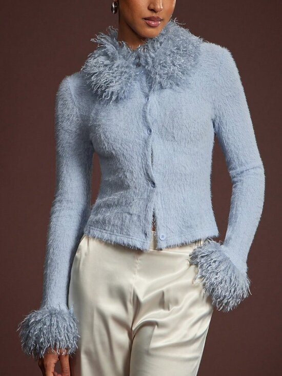 MODA ME COUTURE Tops - Blue Casual Women's Fitted With faux Fur Collar Knitted Cardigan
